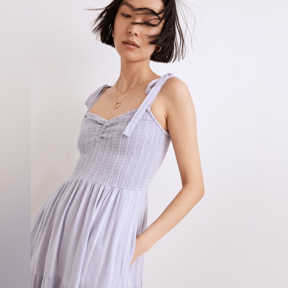 Madewell Linen-Blend Lucie Tie-Strap Tiered Midi Dress Striped Size Medium